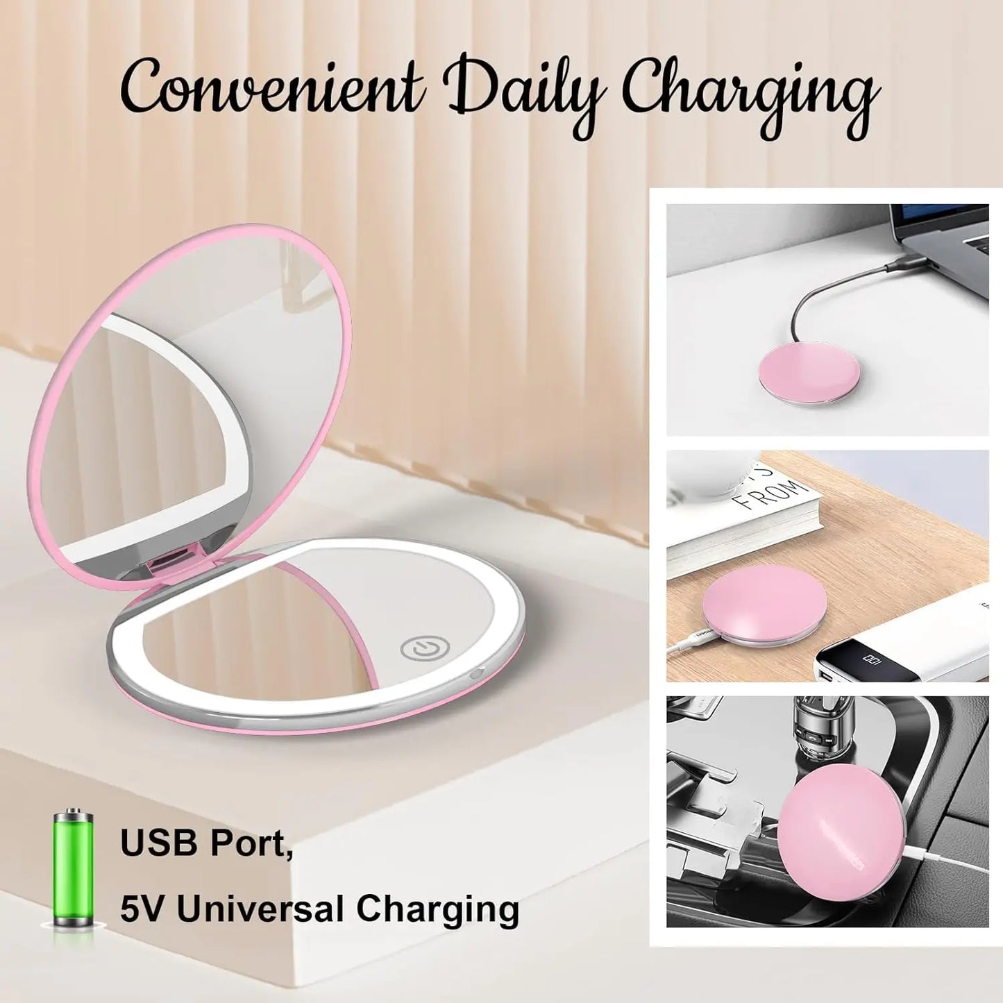 Compact Mirror with Light,1X/3X Magnification LED Pocket Mirror with USB Data Cable, Pink Mini Mirror for Purse, Pocket,Travel