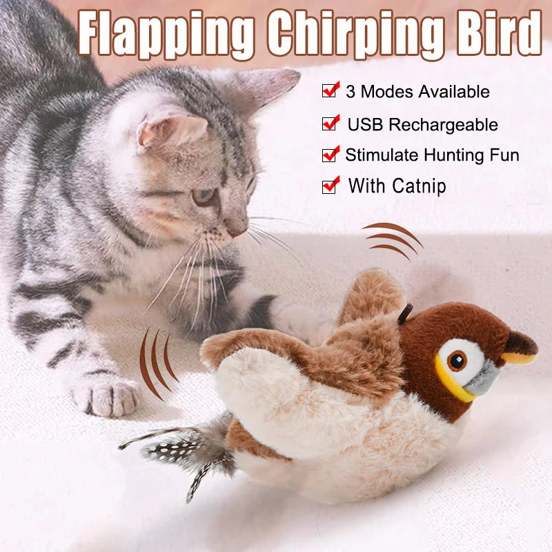 Interactive Cat Toys, Rechargeable Chirping Flapping Bird with Catnip for Indoor Cats, Touch Activated Plush Toys for Cats